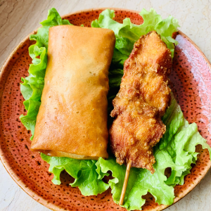 Croquette printanière et brochette de poulet